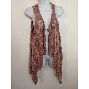 Simply Couture Crochet Lace Sleeveless open Front Vest Pink Size L Boho EUC